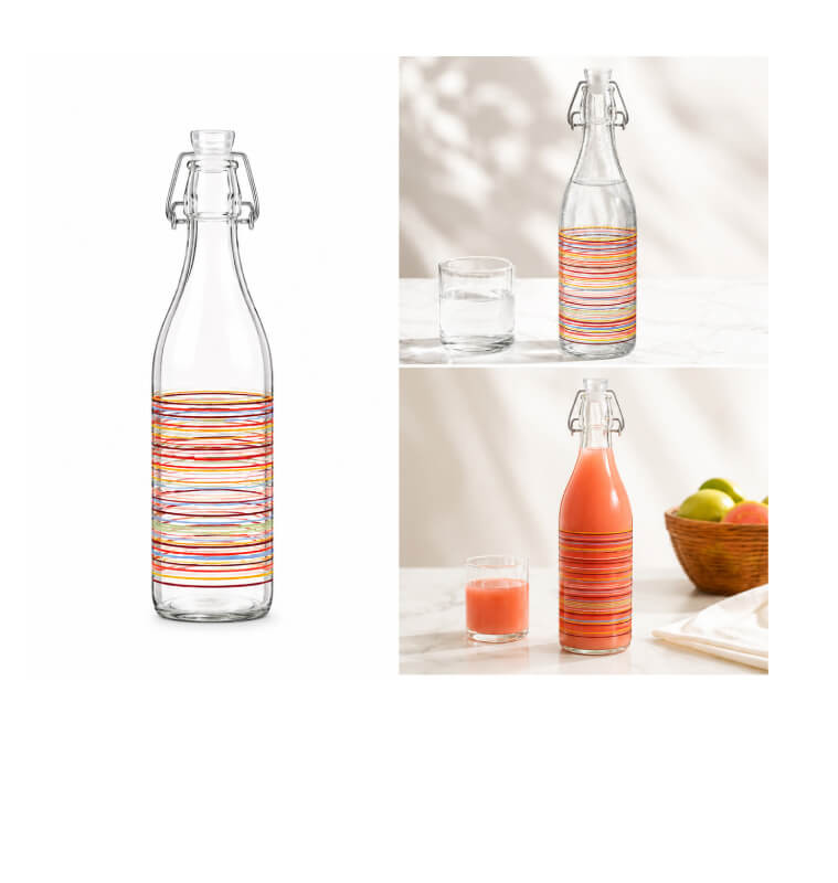 Bouteille en verre 1 L à bouchon mécanique décor lignes multicolores | Verres & carafes | 2 800 CFA , dakar, Sénégal