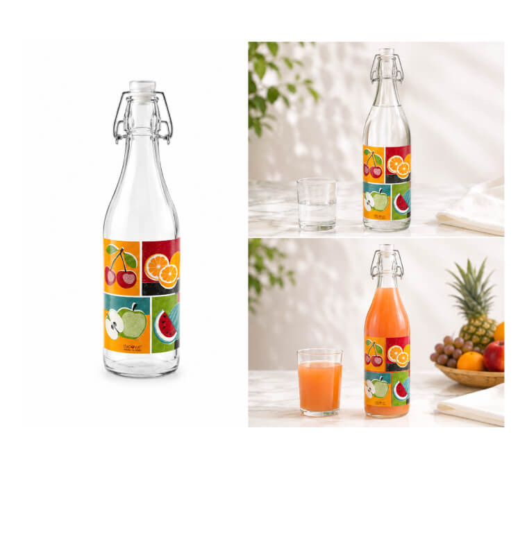 Bouteille en verre 1 L à bouchon mécanique décor fruits colorés | Verres & carafes | 2 800 CFA , dakar, Sénégal
