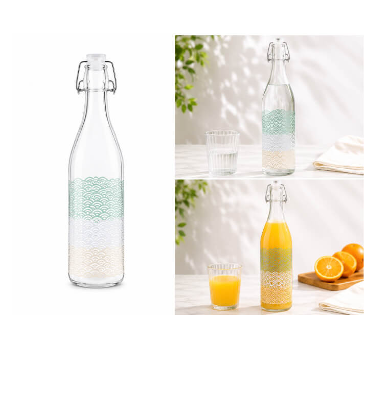 Bouteille en verre 1 L à bouchon mécanique décor vagues graphiques | Verres & carafes | 2 800 CFA , dakar, Sénégal