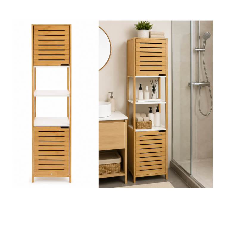 Meuble de salle de bain 2 portes bambou/MDF blanc et naturel, 33 x 33 x 170 cm  | Meubles & étagères salle de bain | 52 900 C...