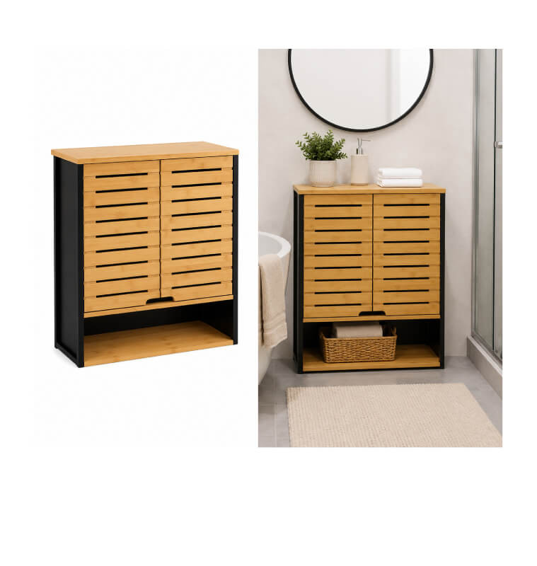 Meuble de salle de bain 2 portes bambou/MDF noir et naturel, 59 x 20 x 66,5 cm | Meubles & étagères salle de bain | 33 000 CF...