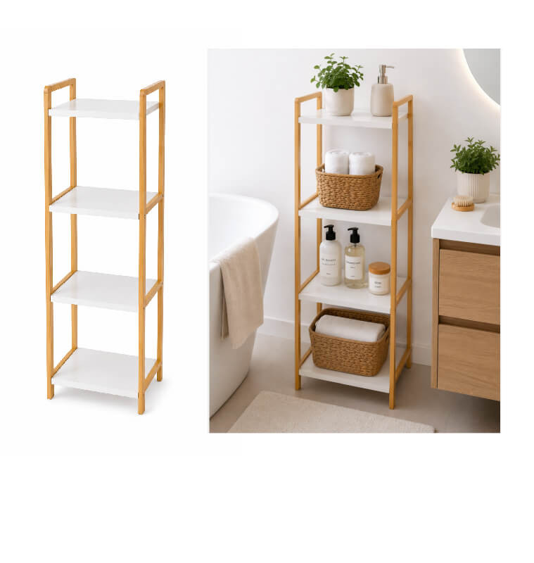 Étagère de salle de bain 4 niveaux bambou/MDF blanc et naturel, 32 x 32 x 100 cm  | Meubles & étagères salle de bain | 24 000...