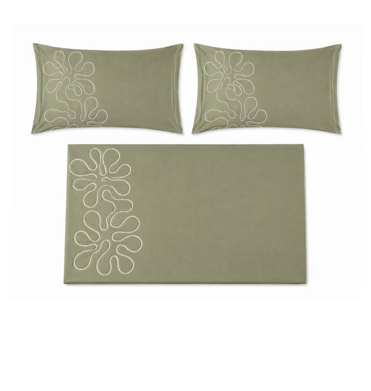 Drap plat 240 x 300 cm + 2 taies en satin de coton vert brodé 300 fils | Linge de lit , Dakar, Sénégal