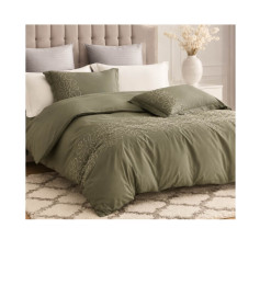 Housse de couette 240 x 260 cm + 2 taies en satin de coton vert brodé 300 fils | Linge de lit , Dakar, Sénégal