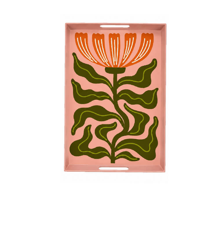 Plateau de service en métal décor fleur rose et vert, 45 x 31 x 4 cm | Plateaux | 25 000 CFA , dakar, Sénégal