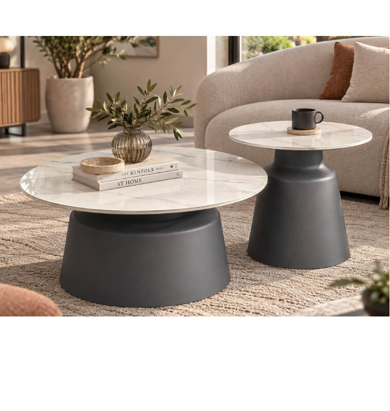 Table basse ronde en céramique effet marbre blanc et métal gris - Lot de 2 | 76 000 CFA | à Dakar