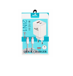 Chargeur secteur rapide USB et USB-C blanc 30 W avec câble de charge