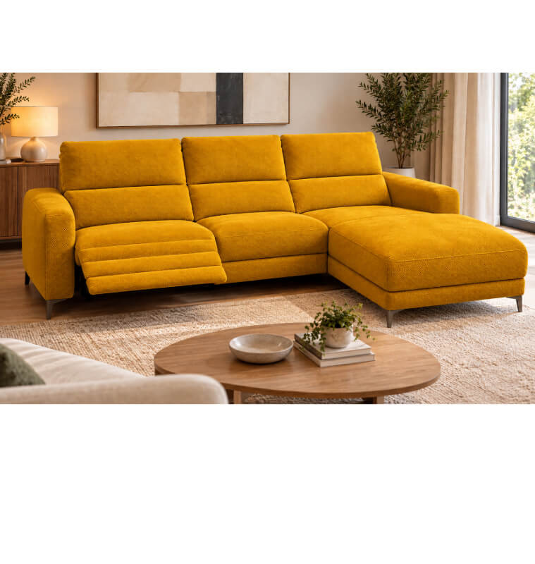 Canapé d'angle en tissu jaune moutarde avec 1 place électrique, 269 x 164 x 99 cm | 998 000 CFA | à Dakar