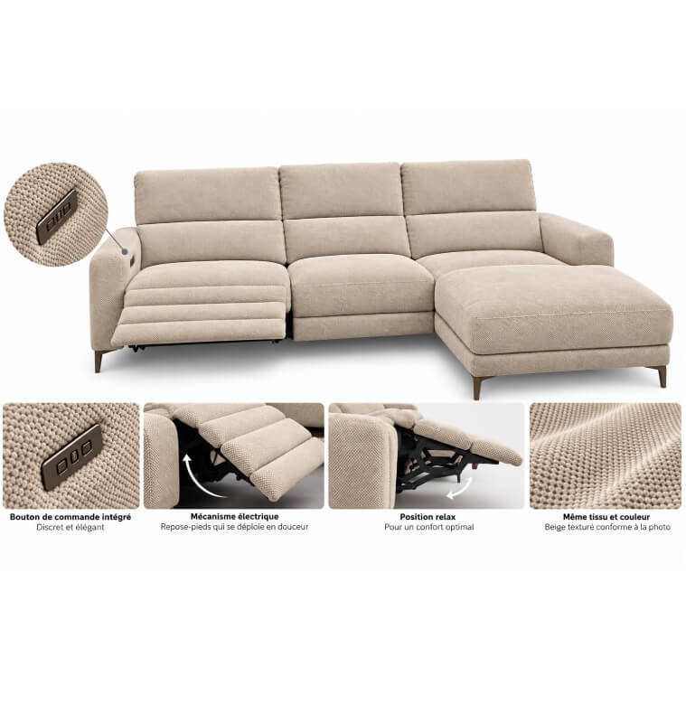 Canapé d'angle en tissu beige avec 1 place électrique, 269 x 164 x 99 cm | 998 000 CFA | à Dakar