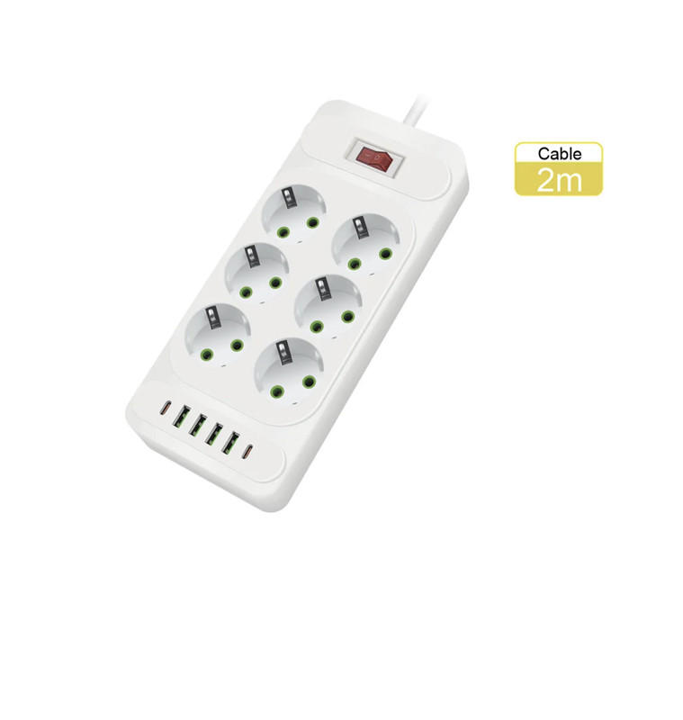 Multiprise blanche 6 prises + 4 ports USB + recharge téléphone Power  Socket, 2 mètres