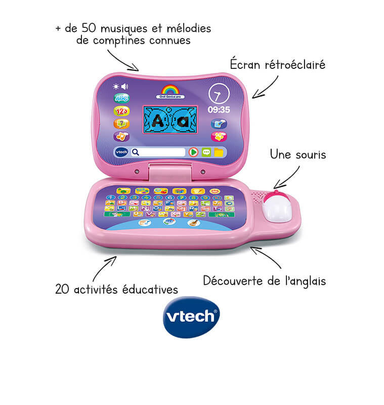 VTech - Ordi Genius Pro Rose, Ordinateur Enfant Transportable avec